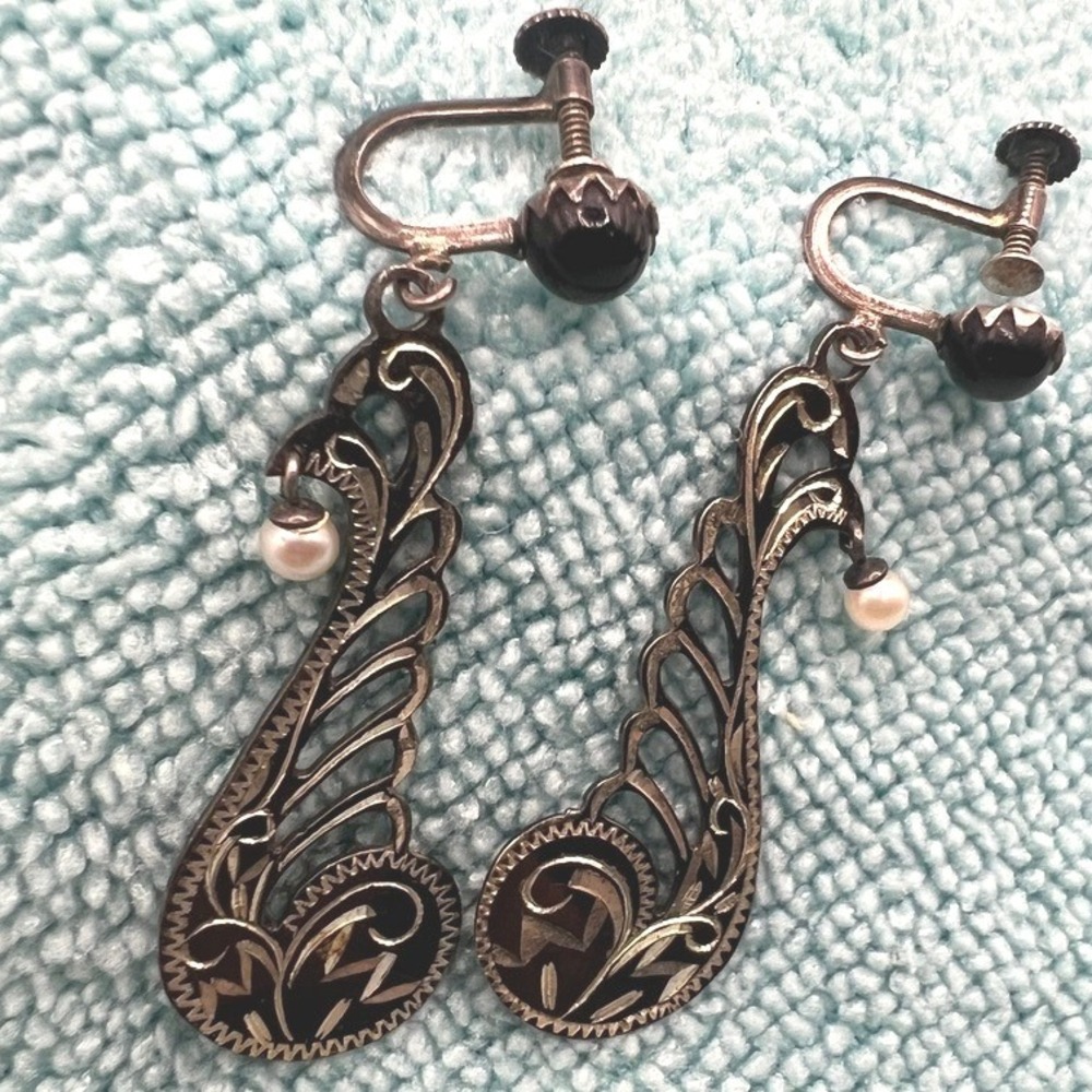 Vintage Sterling Silver Earrings Screw Back‎ Asian Motif Japanned 2" 5.7g